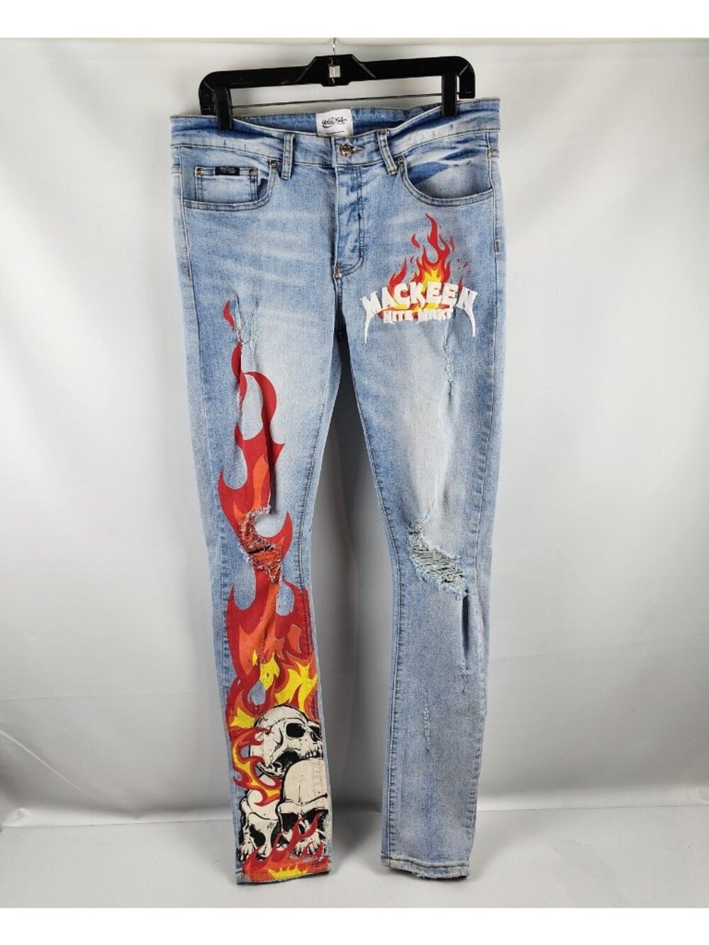 Mackeen Jeans Mens 34 Blue Distressed Skinny Light Wash Painted Skulls Graffiti